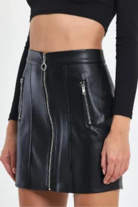 Ceylen Double Zipper Detail Leather Skirt - Image 4
