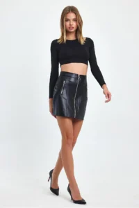 Ceylen Double Zipper Detail Leather Skirt - Image 6