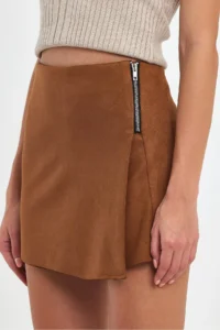 Ceylen Capped Zipper Detail Suede Shorts Skirt - Image 4