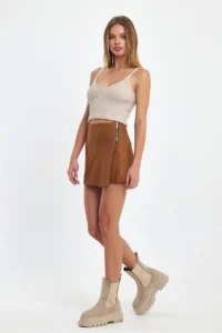 Ceylen Capped Zipper Detail Suede Shorts Skirt - Image 7