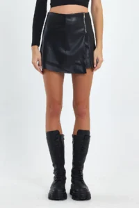 Ceylen Capped Zipper Detail Leather Shorts Skirt