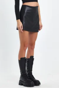 Ceylen Capped Zipper Detail Leather Shorts Skirt - Image 2