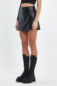 Ceylen Capped Zipper Detail Leather Shorts Skirt - Image 3
