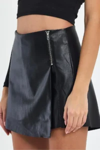 Ceylen Capped Zipper Detail Leather Shorts Skirt - Image 4