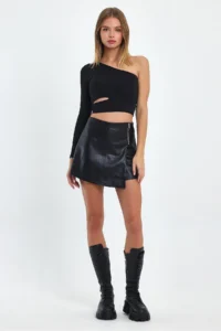 Ceylen Capped Zipper Detail Leather Shorts Skirt - Image 5