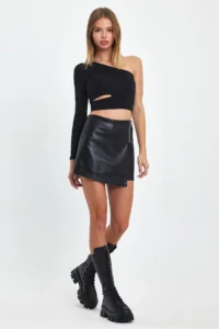 Ceylen Capped Zipper Detail Leather Shorts Skirt - Image 6