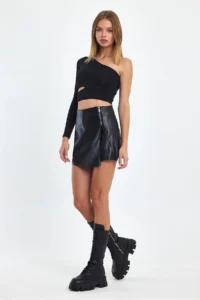Ceylen Capped Zipper Detail Leather Shorts Skirt - Image 7