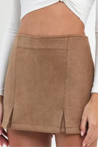Ceylen Double Slit Suede Shorts Skirt - Image 3