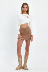 Ceylen Double Slit Suede Shorts Skirt - Image 5
