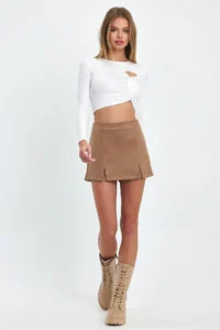 Ceylen Double Slit Suede Shorts Skirt - Image 6