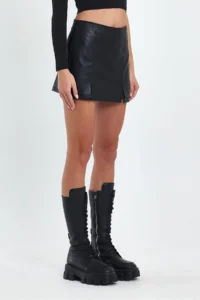 Ceylen Double Slit Leather Shorts Skirt - Image 5