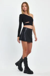 Ceylen Double Slit Leather Shorts Skirt - Image 7