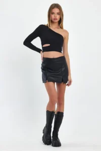 Ceylen Double Slit Leather Shorts Skirt - Image 8