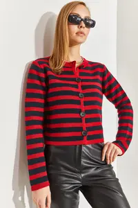 Bianco Lucci Women buttoned Striped Knitwear Cardigan