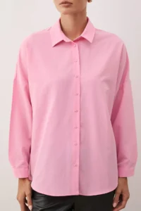 TRENDYOLMİLLA Pink Cotton Oversized Wide Pattern Weaving Shirt - Image 4