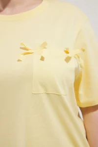 Trendyol Curve Light Yellow Loose Fit with pocket Fiyonk Detailed Plus Size T-Shirt - Image 3