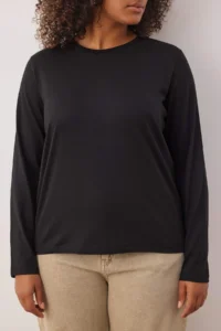 Trendyol Curve Black 100% Cotton Long Sleeve Crew Neck Regular Basic Knitting Plus Size T-Shirt - Image 3