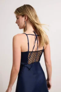 TRENDYOLMİLLA Navy Blue Lace Detailed Weaving Satin Midi Elegant/Evening Dress - Image 3