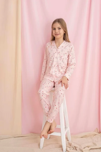 Tarık Girl's Pink Rabbit Pattern Front Buttoned Long Sleeve Knitted Combed Cotton Fabric Pajama Set