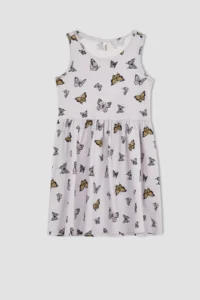 DeFacto Girl's Regular Fit Butterfly Patterned Sleeveless Cotton Combed Summer Dress