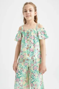 DeFacto Girls' Floral Patterned Short Sleeve Blouse