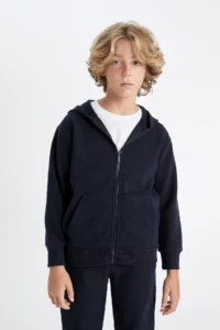 DeFacto Boy's Basic Plain Navy Blue Hooded Zippered School Cardigan T7468a624au