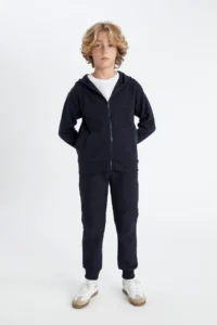 DeFacto Boy's Basic Plain Navy Blue Hooded Zippered School Cardigan T7468a624au - Image 2