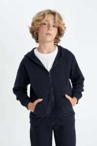 DeFacto Boy's Basic Plain Navy Blue Hooded Zippered School Cardigan T7468a624au - Image 3