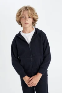 DeFacto Boy's Basic Plain Navy Blue Hooded Zippered School Cardigan T7468a624au - Image 4