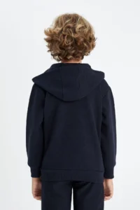 DeFacto Boy's Basic Plain Navy Blue Hooded Zippered School Cardigan T7468a624au - Image 6