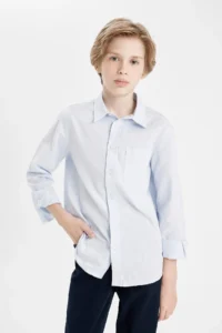 DeFacto Boy's Polo Neck Oxford Long Sleeve Basic Plain School Shirt T8854a624au - Image 2