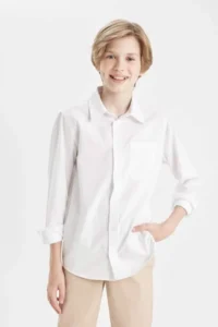 DeFacto Boy's Polo Neck Oxford Long Sleeve Basic Plain White School Shirt T8854a624au