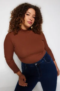 Trendyol Curve Brown Dog collar bodycone/Ribbed Knitting Plus Size Blouse