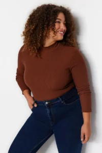 Trendyol Curve Brown Dog collar bodycone/Ribbed Knitting Plus Size Blouse - Image 3