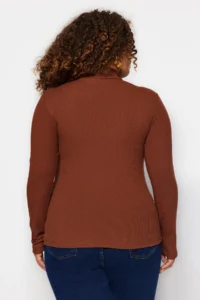 Trendyol Curve Brown Dog collar bodycone/Ribbed Knitting Plus Size Blouse - Image 5