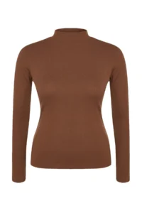 Trendyol Curve Brown Dog collar bodycone/Ribbed Knitting Plus Size Blouse - Image 6