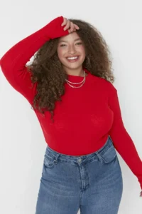 Trendyol Curve Red Dog collar bodycone/Ribbed Knitting Plus Size Blouse