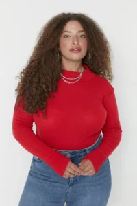 Trendyol Curve Red Dog collar bodycone/Ribbed Knitting Plus Size Blouse - Image 3