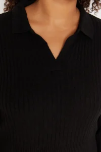 Trendyol Curve Black Polo Shirt Collar Ribbed Knit Dress - Image 2