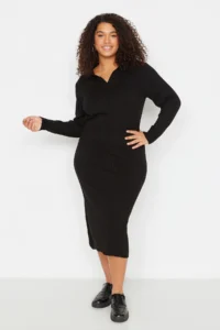 Trendyol Curve Black Polo Shirt Collar Ribbed Knit Dress - Image 3