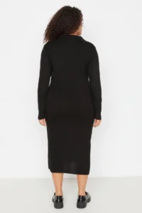 Trendyol Curve Black Polo Shirt Collar Ribbed Knit Dress - Image 4