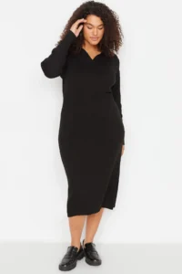 Trendyol Curve Black Polo Shirt Collar Ribbed Knit Dress - Image 5