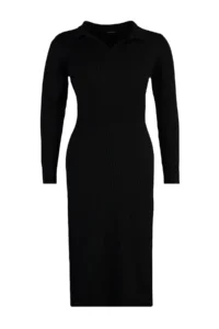 Trendyol Curve Black Polo Shirt Collar Ribbed Knit Dress - Image 6