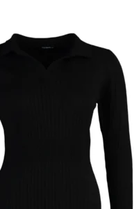 Trendyol Curve Black Polo Shirt Collar Ribbed Knit Dress - Image 7