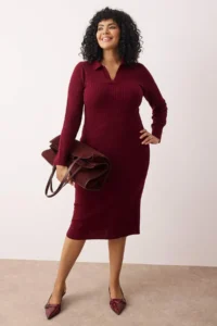 Trendyol Curve Plum Polo Shirt Collar Ribbed Knit Dress