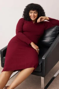 Trendyol Curve Plum Polo Shirt Collar Ribbed Knit Dress - Image 2
