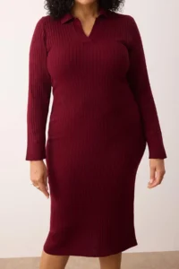 Trendyol Curve Plum Polo Shirt Collar Ribbed Knit Dress - Image 3