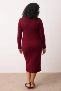 Trendyol Curve Plum Polo Shirt Collar Ribbed Knit Dress - Image 4