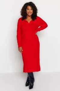 Trendyol Curve Rejection Polo Shirt Collar Ribbed Knit Dress