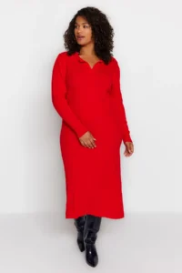 Trendyol Curve Rejection Polo Shirt Collar Ribbed Knit Dress - Image 2